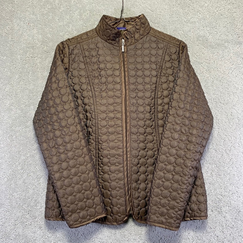 Great Northwest Indigo Jacket Womens Small Brown Quilted Circle Pattern Zip Up
